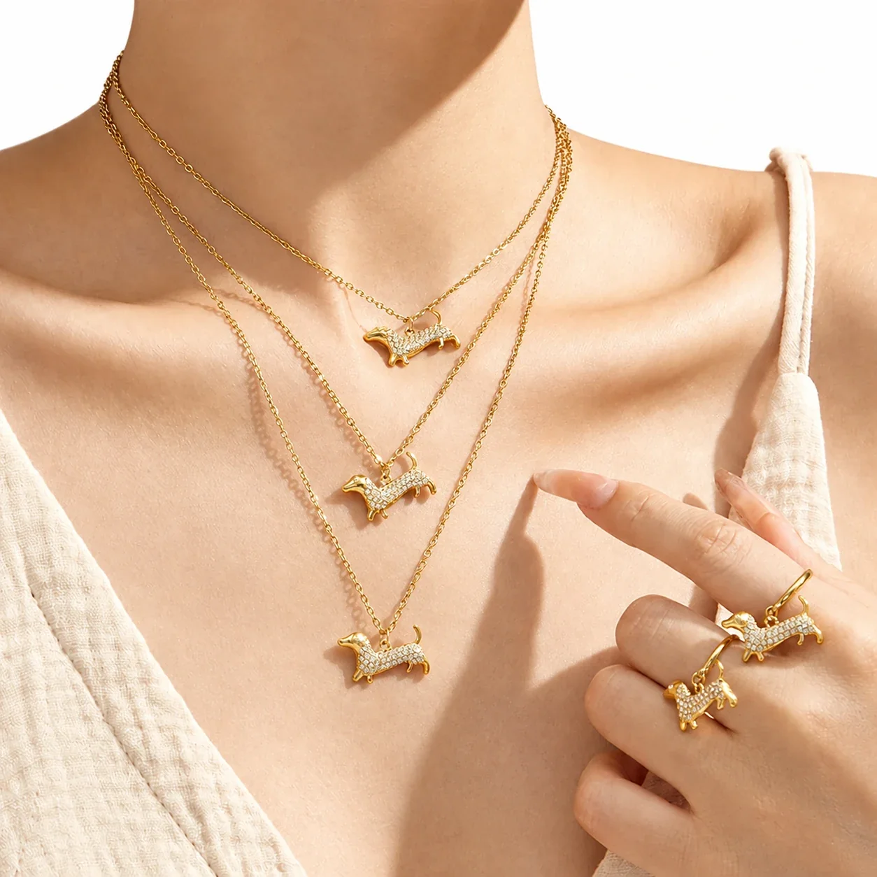 Playful Gold-Plated Dachshund Pavé CZ Stainless Steel Jewelry Set