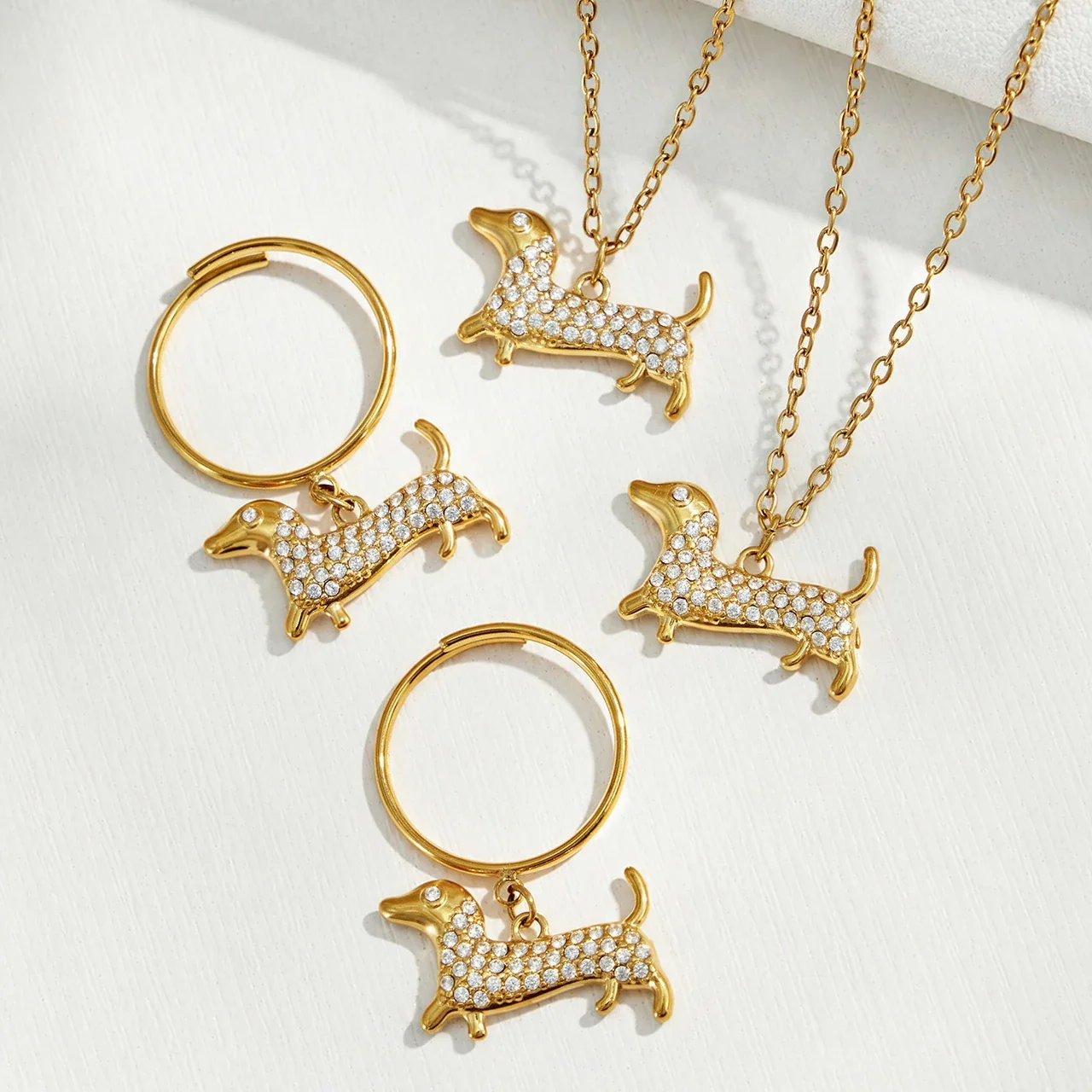 Playful Gold-Plated Dachshund Pavé CZ Stainless Steel Jewelry Set