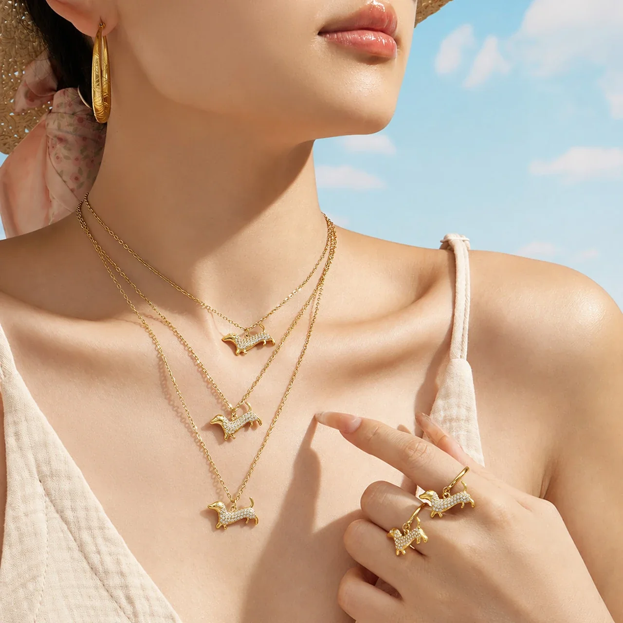 Playful Gold-Plated Dachshund Pavé CZ Stainless Steel Jewelry Set
