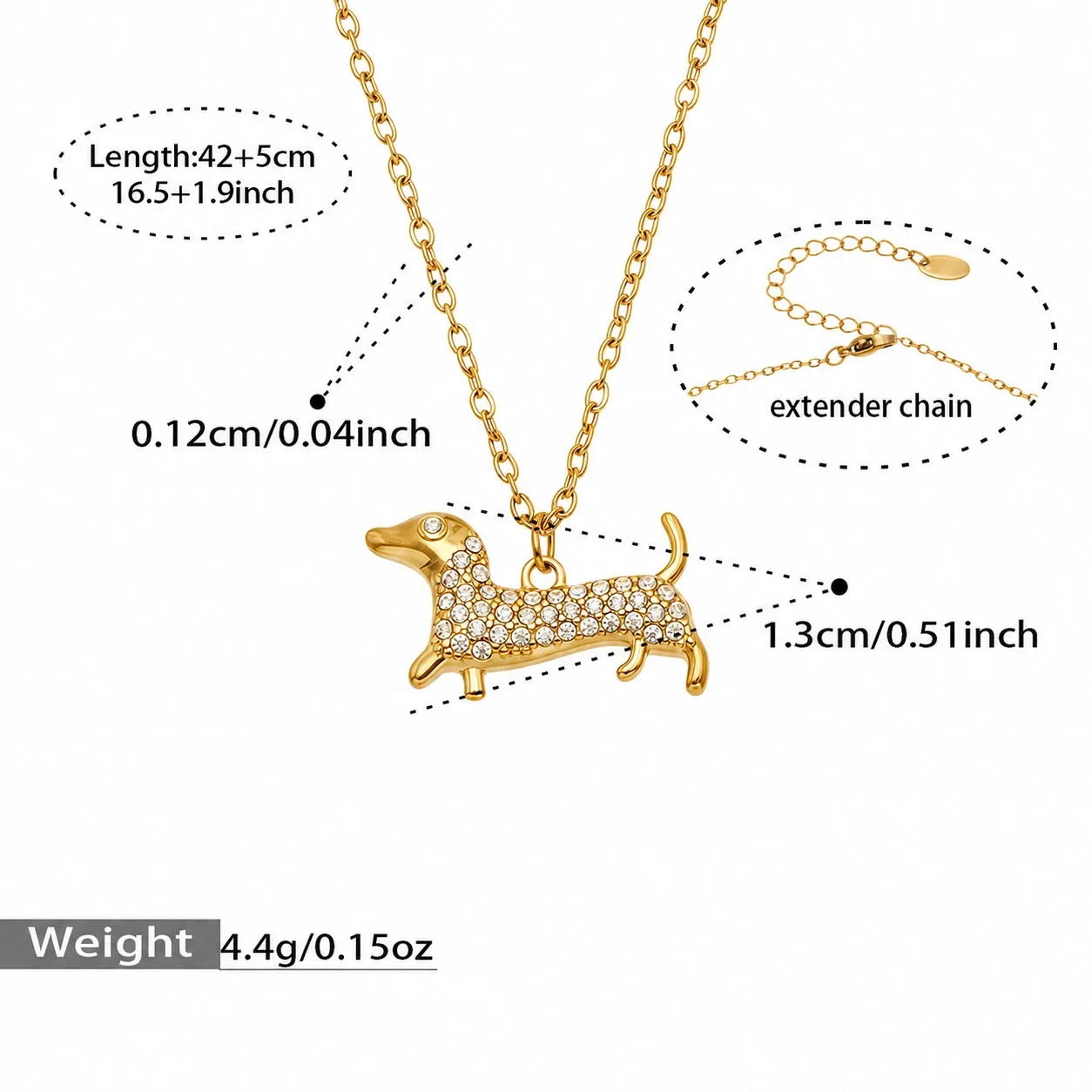 Playful Gold-Plated Dachshund Pavé CZ Stainless Steel Jewelry Set - Gold CZ Dog 42+5 cm
