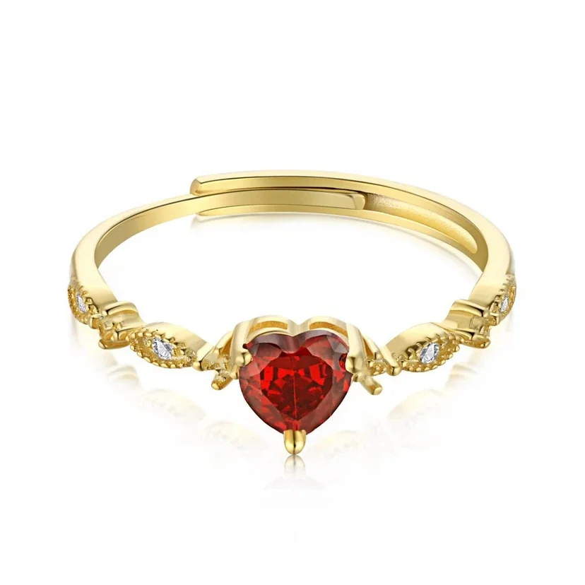 Delicate Red Heart Gold-Tone Marquise Accent 925 Sterling Silver Ring