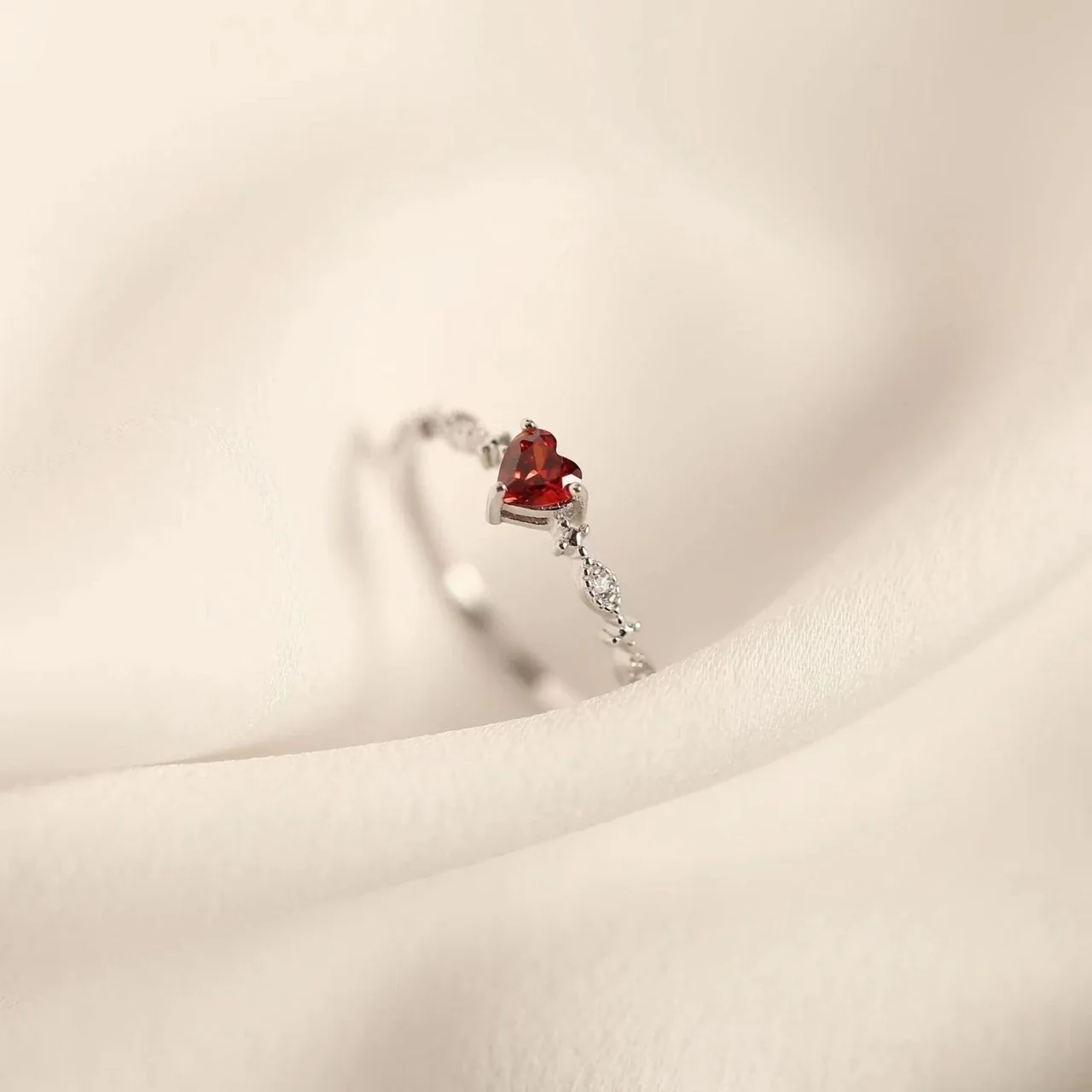 Delicate Red Heart Gold-Tone Marquise Accent 925 Sterling Silver Ring