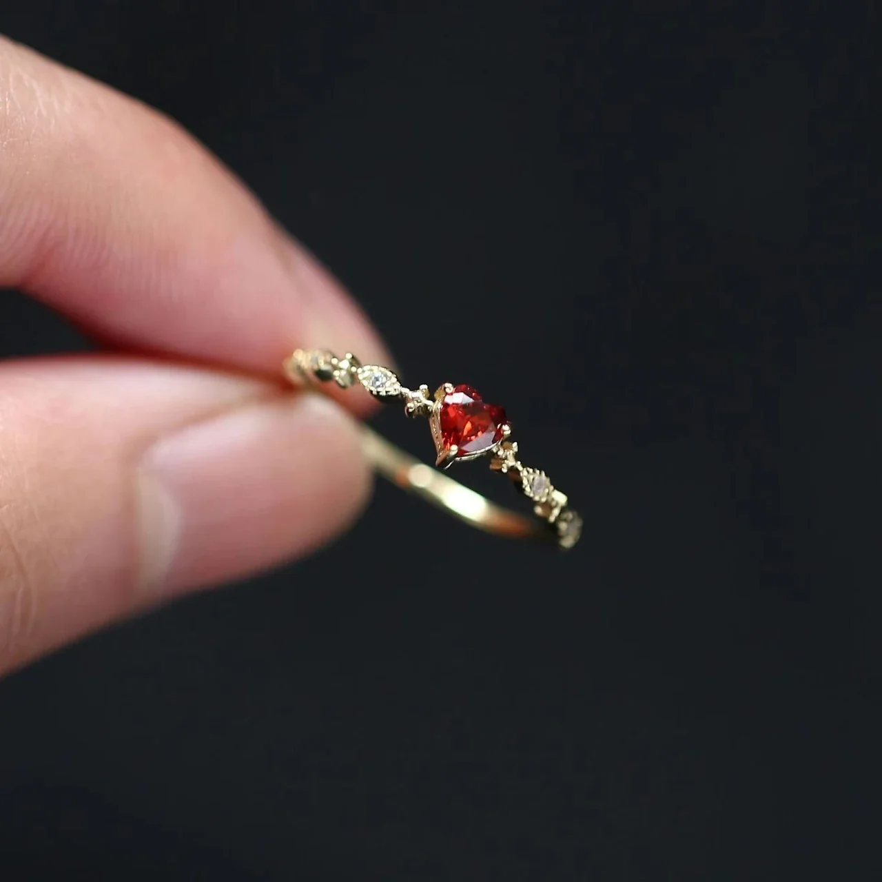 Delicate Red Heart Gold-Tone Marquise Accent 925 Sterling Silver Ring