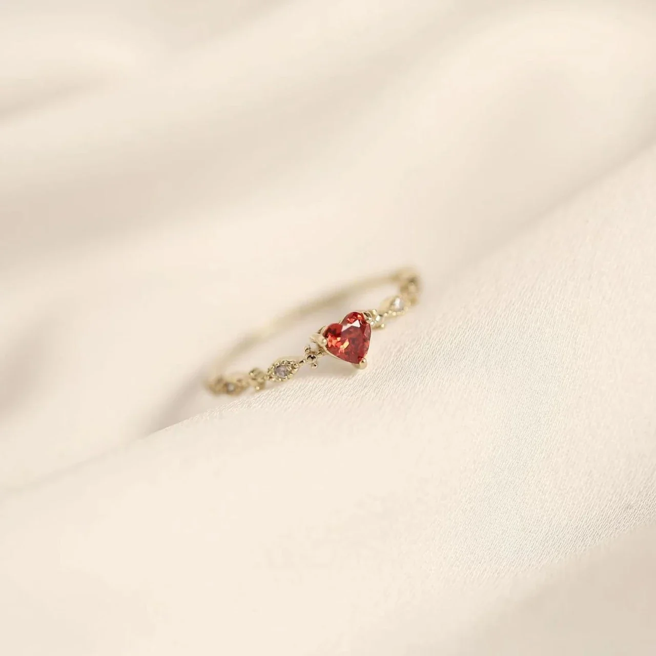 Delicate Red Heart Gold-Tone Marquise Accent 925 Sterling Silver Ring