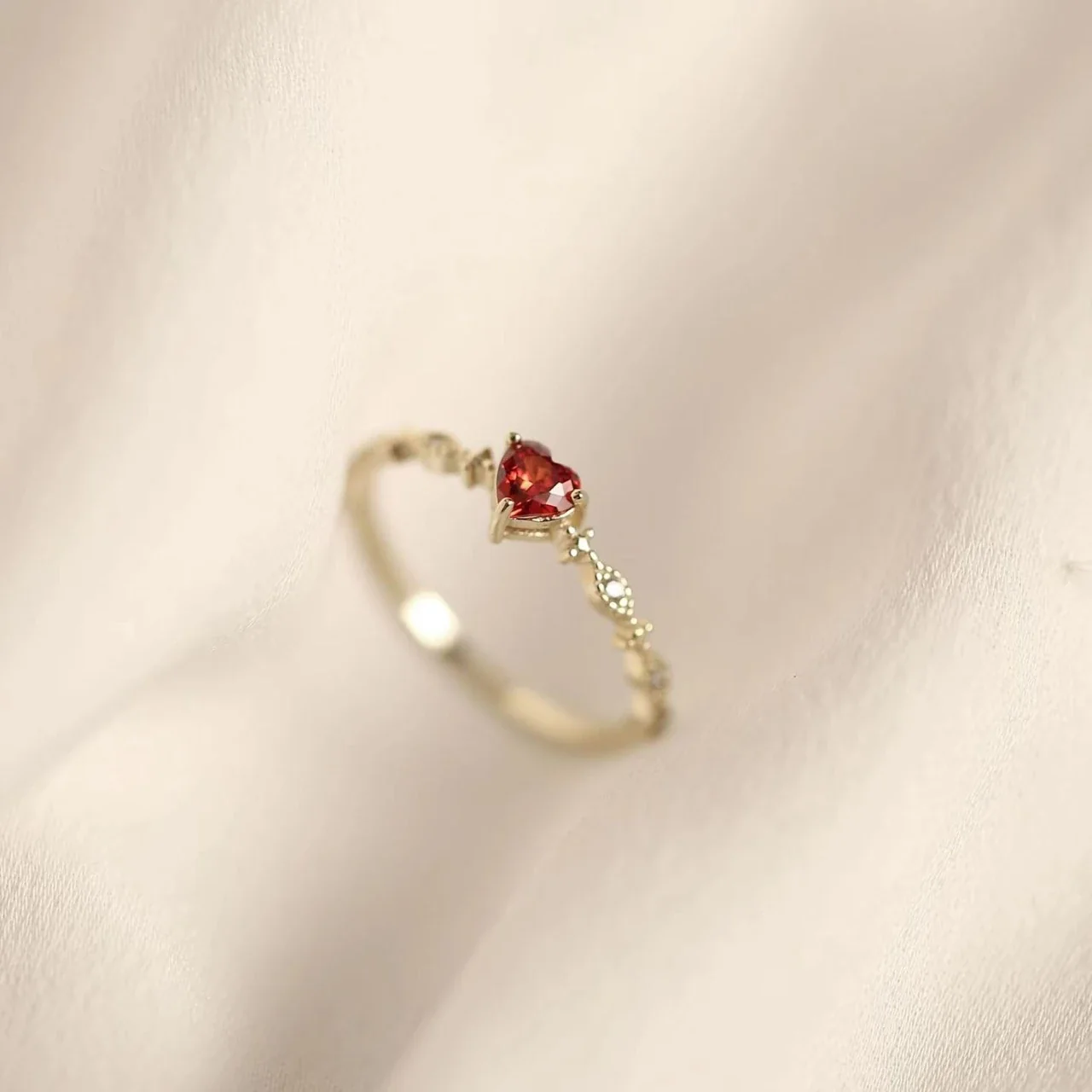 Delicate Red Heart Gold-Tone Marquise Accent 925 Sterling Silver Ring - Gold