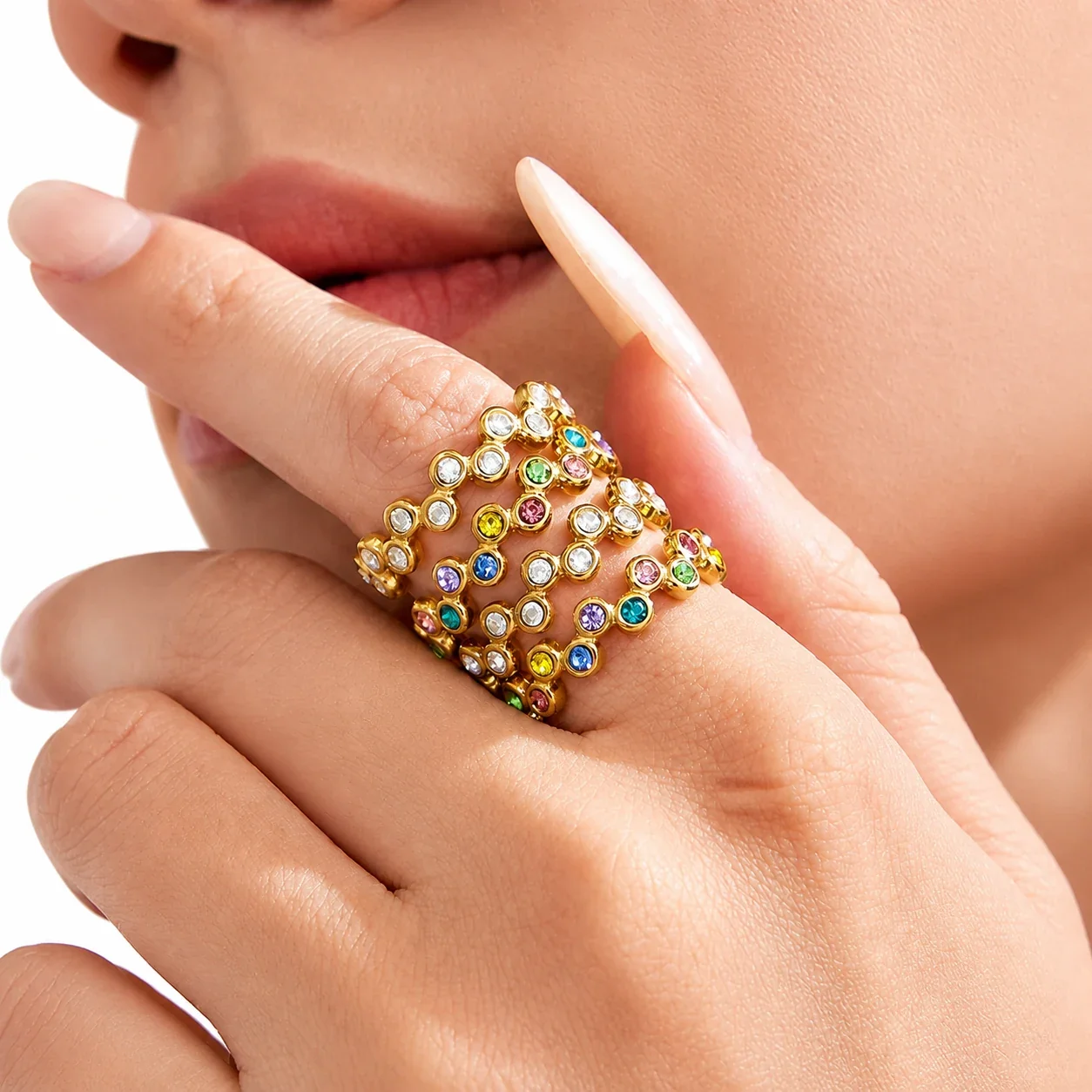 Polished Stainless Steel Bezel CZ Dot Open Ring