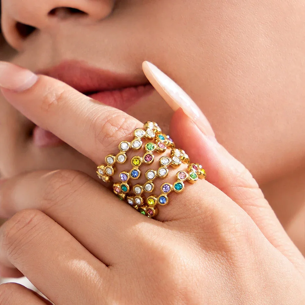 Polished Stainless Steel Bezel CZ Dot Open Ring
