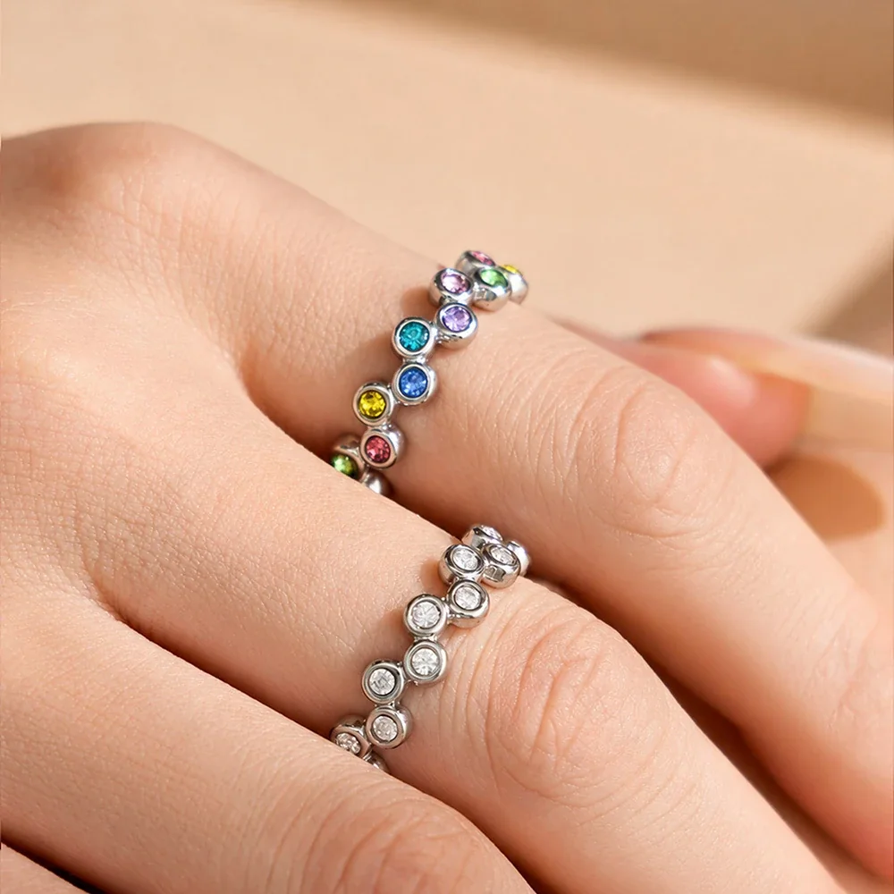 Polished Stainless Steel Bezel CZ Dot Open Ring