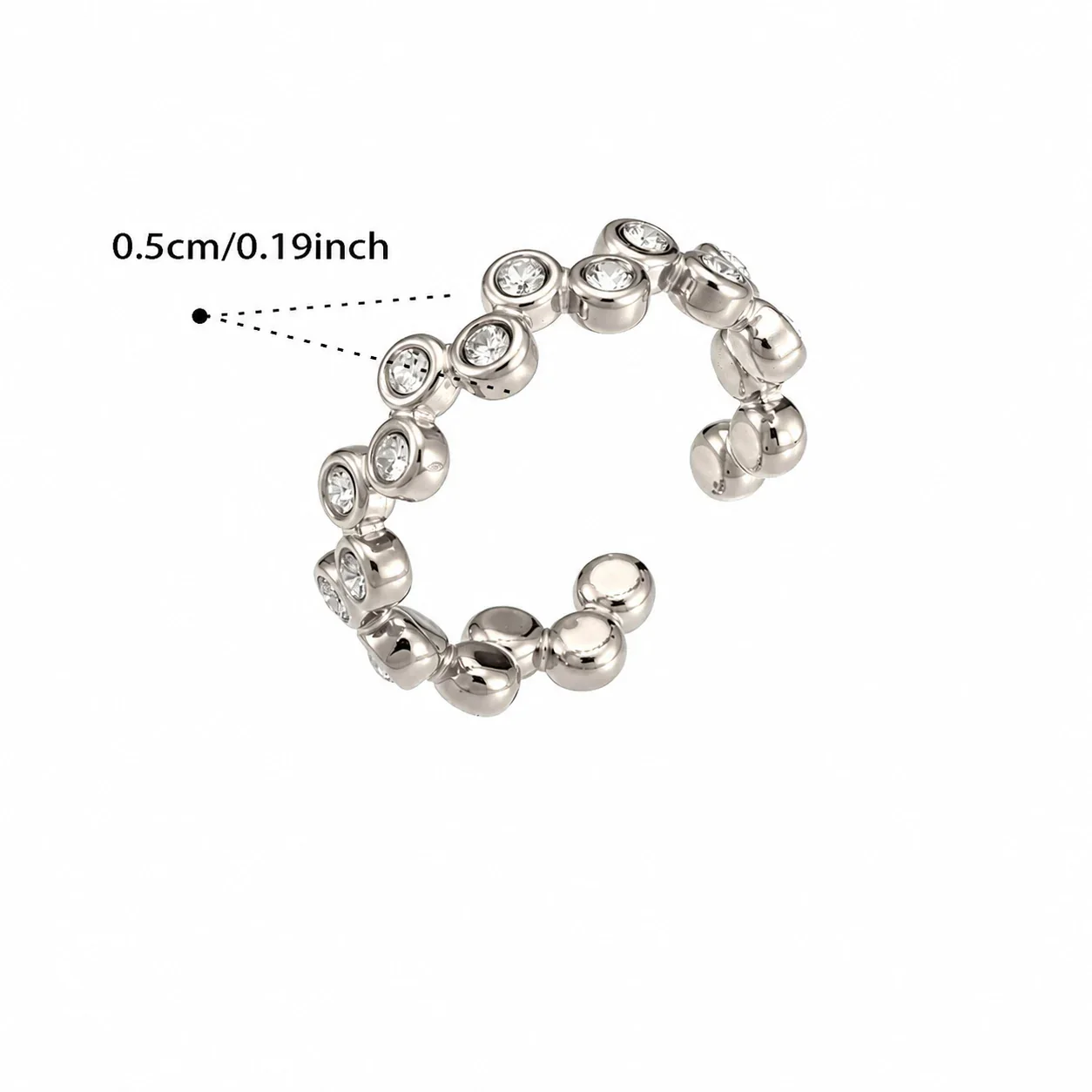 Polished Stainless Steel Bezel CZ Dot Open Ring - Silver Clear CZ