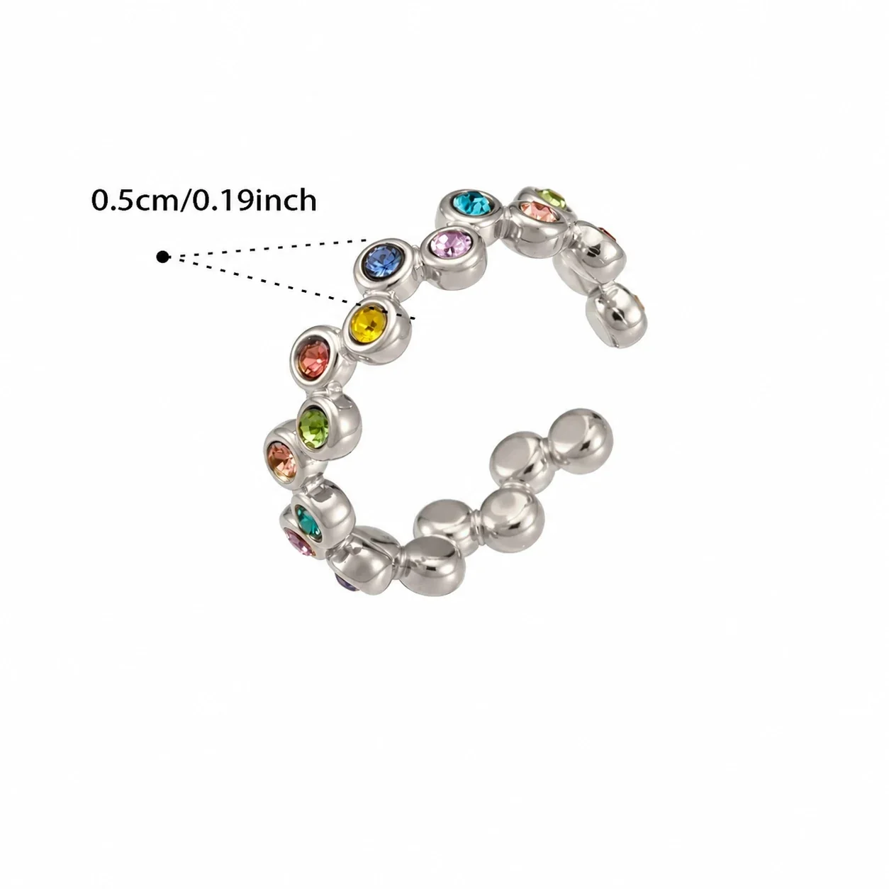 Polished Stainless Steel Bezel CZ Dot Open Ring - Silver Multicolor CZ