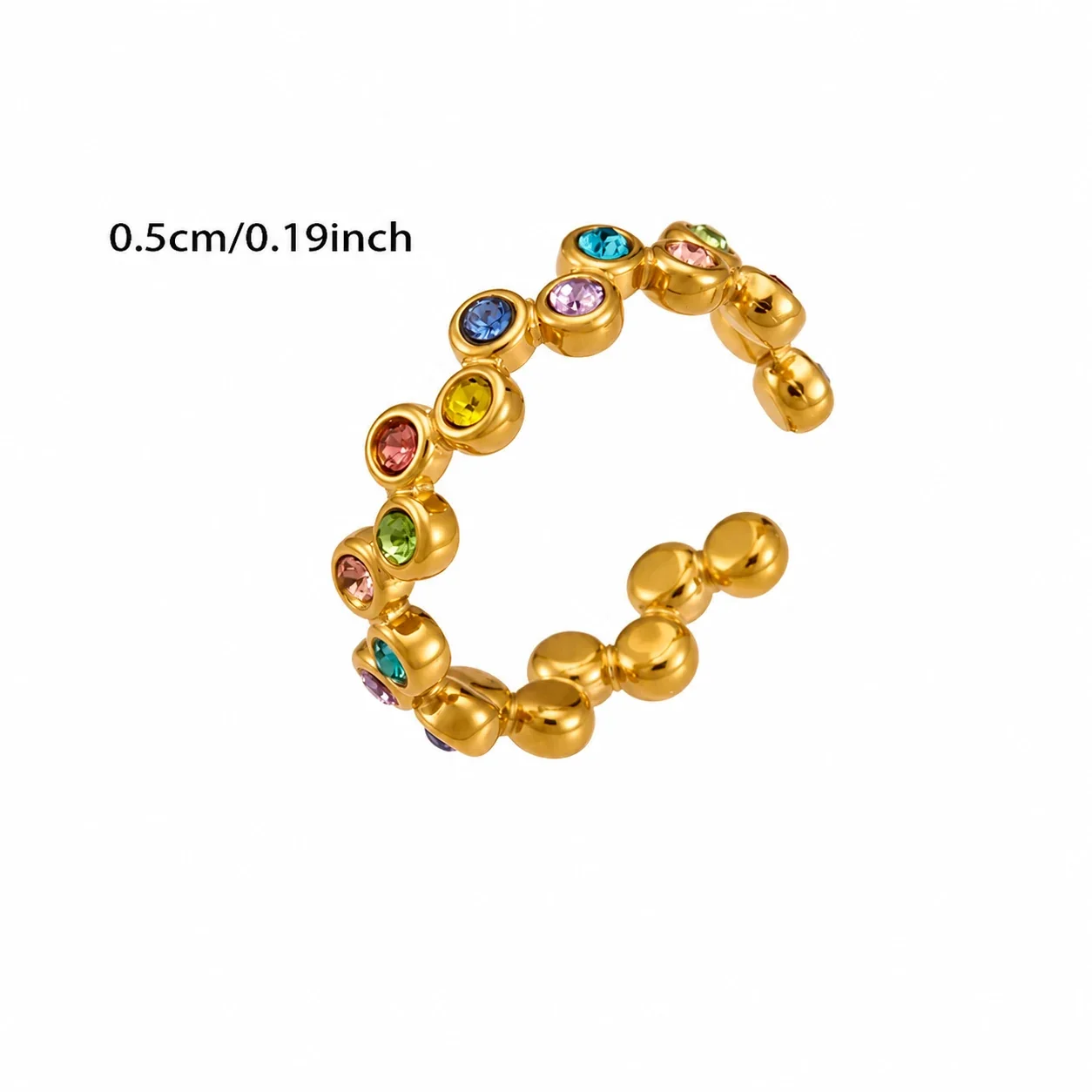 Polished Stainless Steel Bezel CZ Dot Open Ring - Gold Multicolor CZ