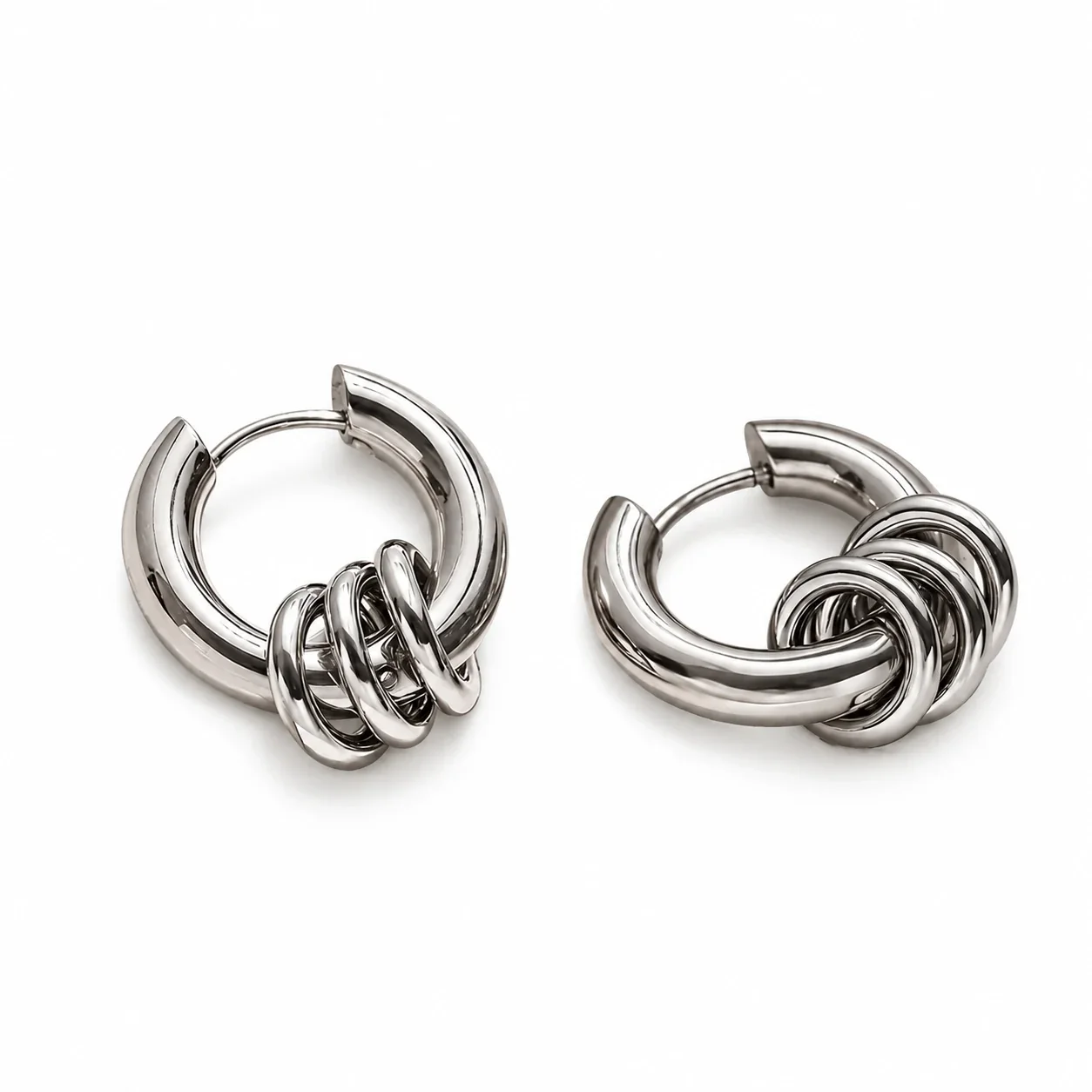 Interlocking Two-Tone Triple Hoop Stainless Steel Earrings - Silver