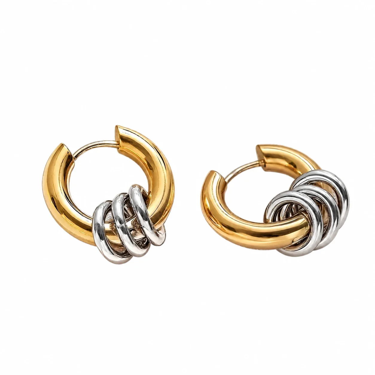 Interlocking Two-Tone Triple Hoop Stainless Steel Earrings - Gold