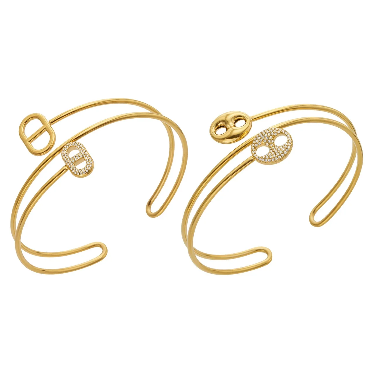 Sculptural Stainless Steel Double-Wire CZ Buckle Bangle