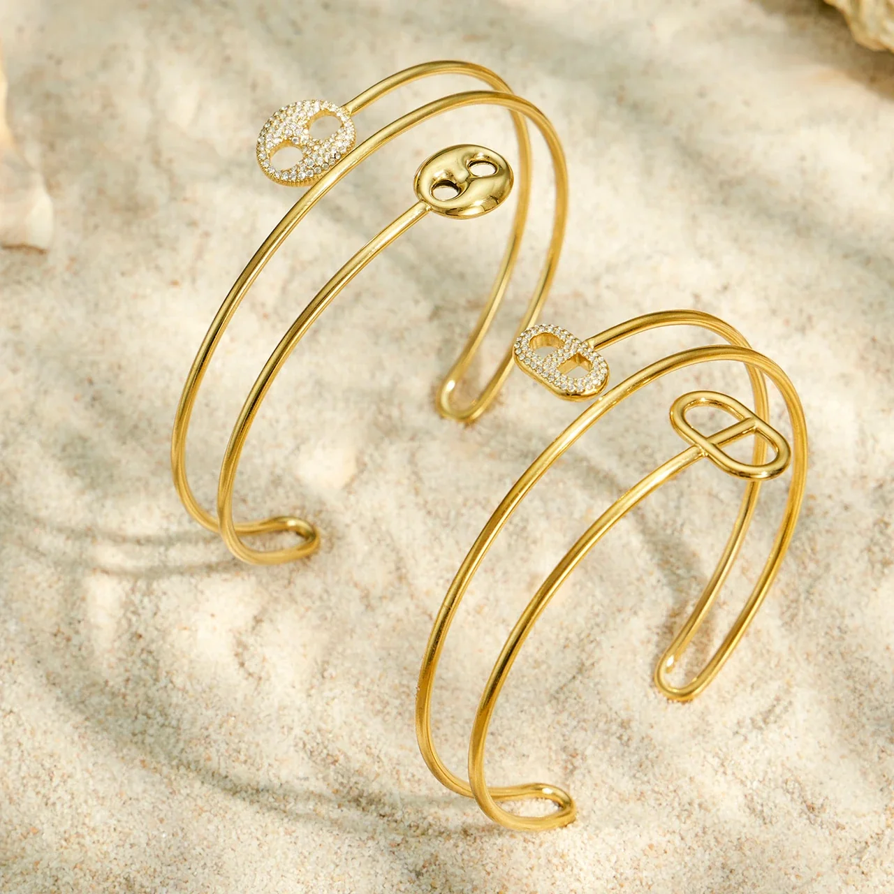 Sculptural Stainless Steel Double-Wire CZ Buckle Bangle