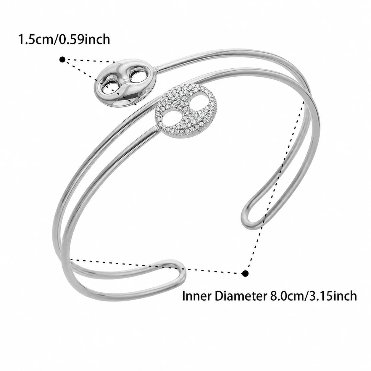 Sculptural Stainless Steel Double-Wire CZ Buckle Bangle - Silver Double-Hole CZ