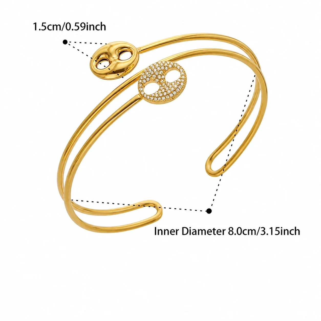 Sculptural Stainless Steel Double-Wire CZ Buckle Bangle - Gold Double-Hole CZ
