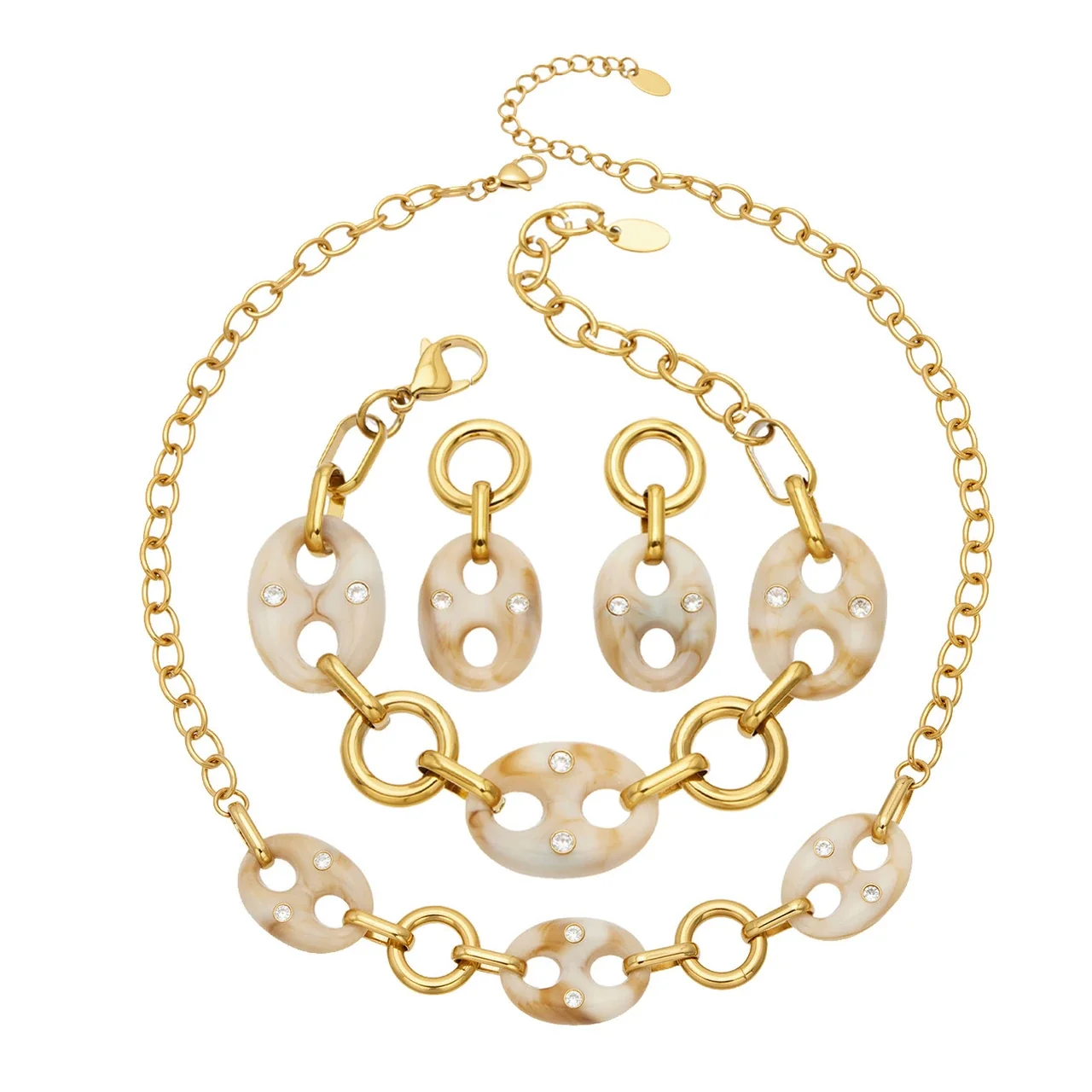 Marbled Resin Oval Link CZ 18K Gold-Plated Jewelry Set