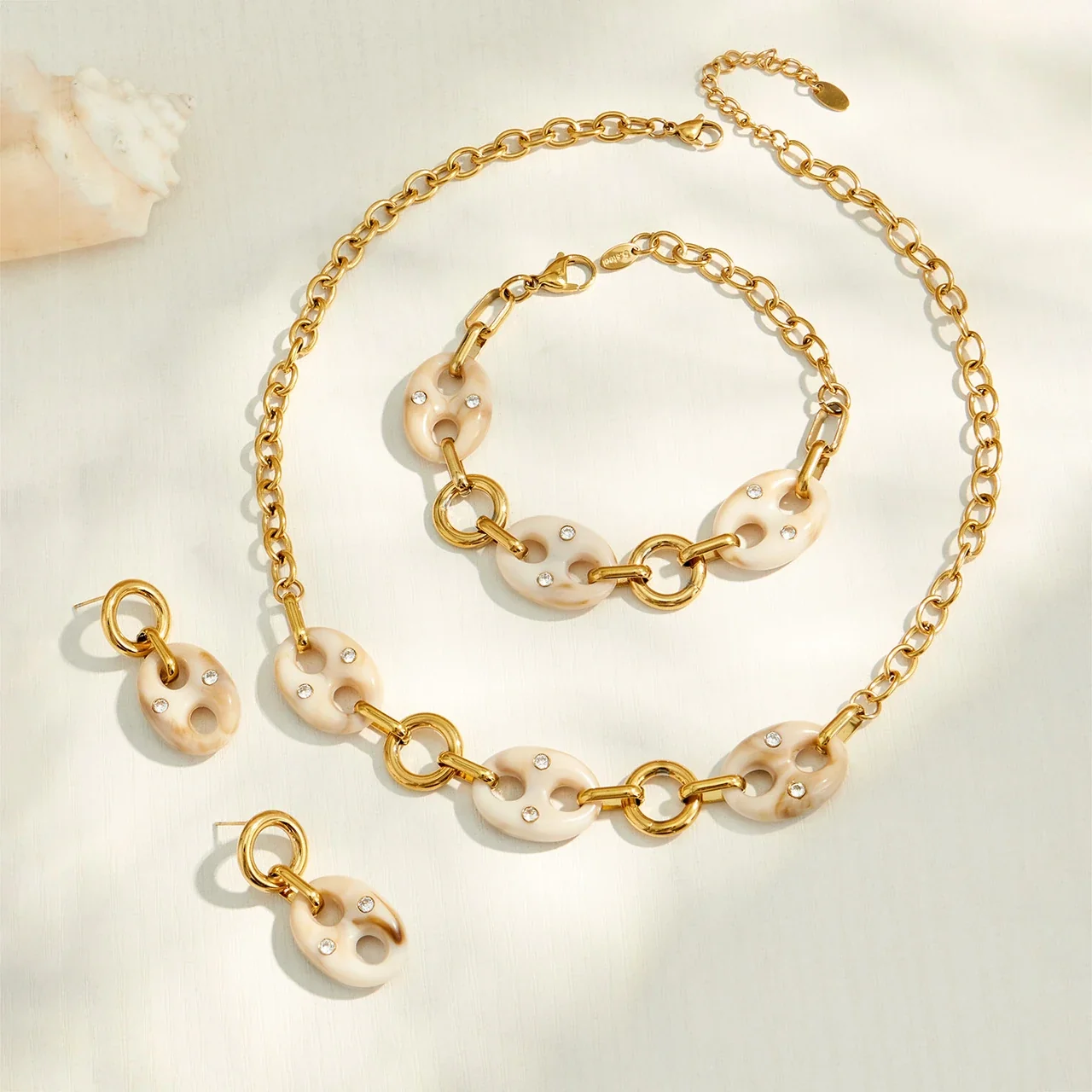 Marbled Resin Oval Link CZ 18K Gold-Plated Jewelry Set
