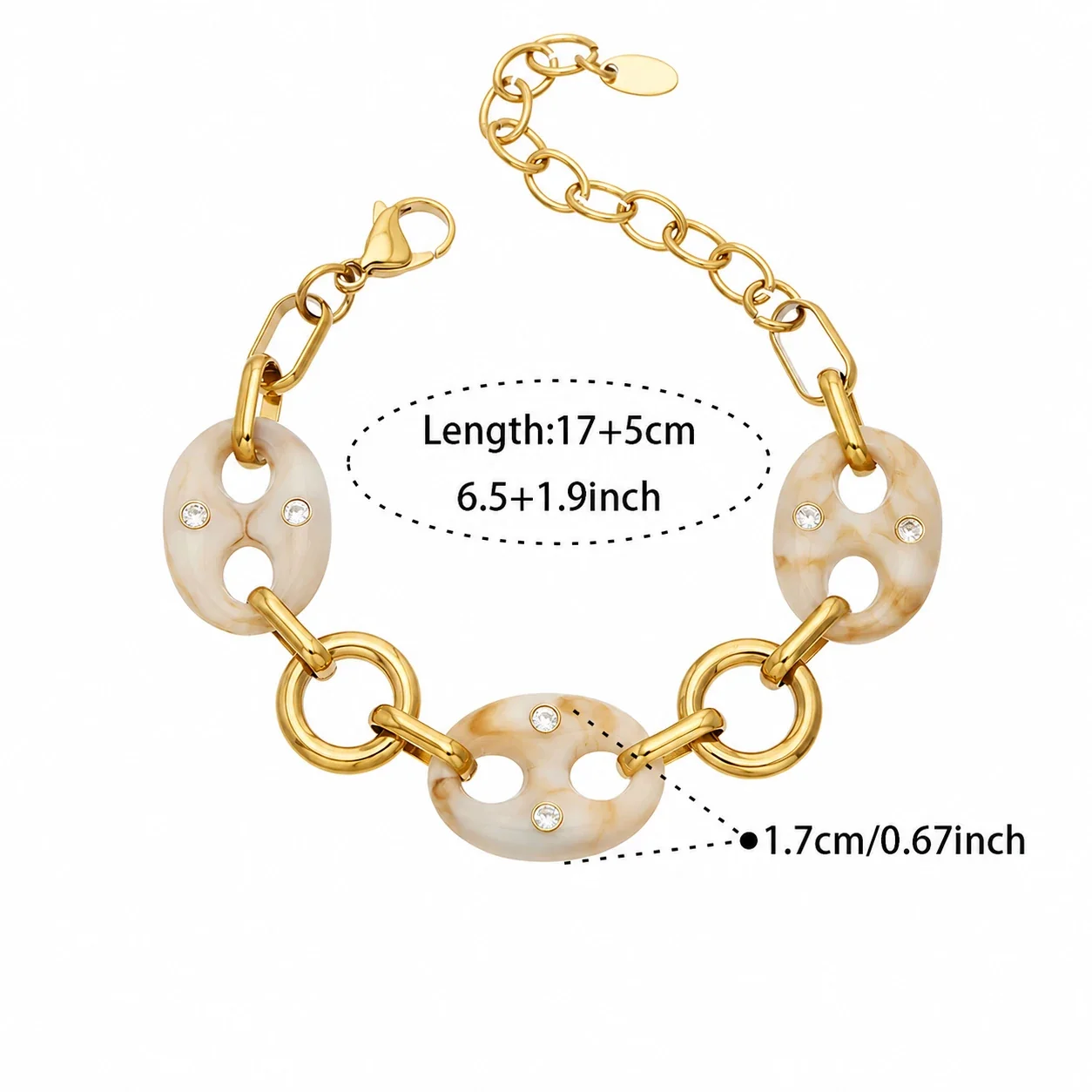 Marbled Resin Oval Link CZ 18K Gold-Plated Jewelry Set - Gold 17+5 cm