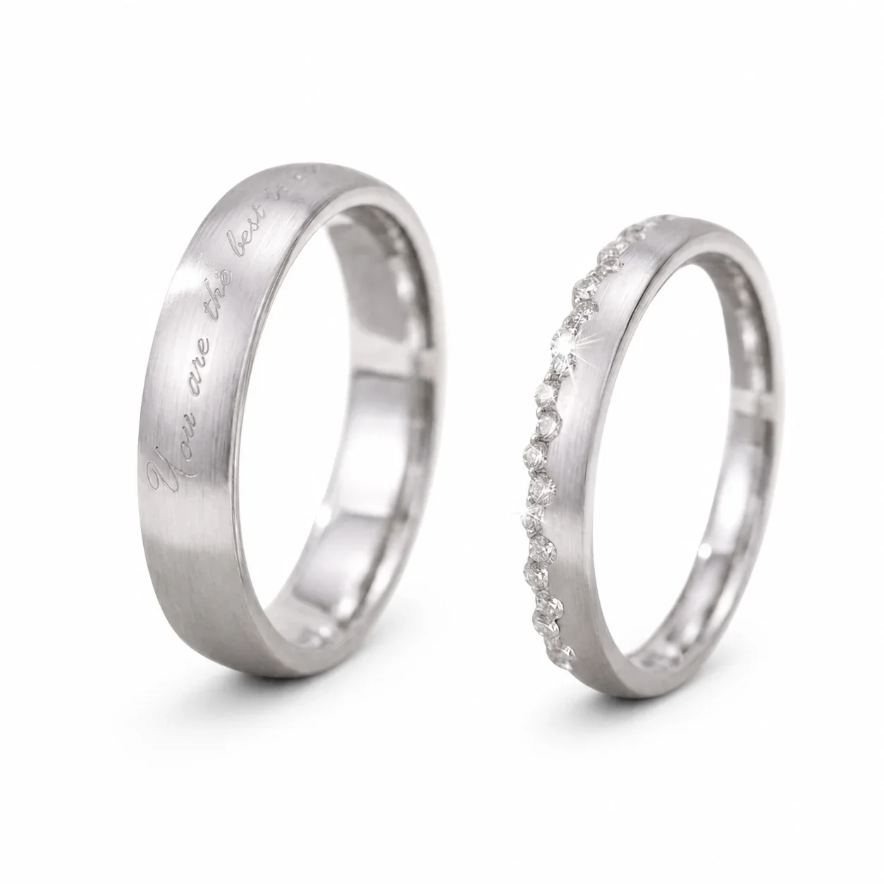 Brushed Script 925 Sterling Silver Crystal Couple Rings
