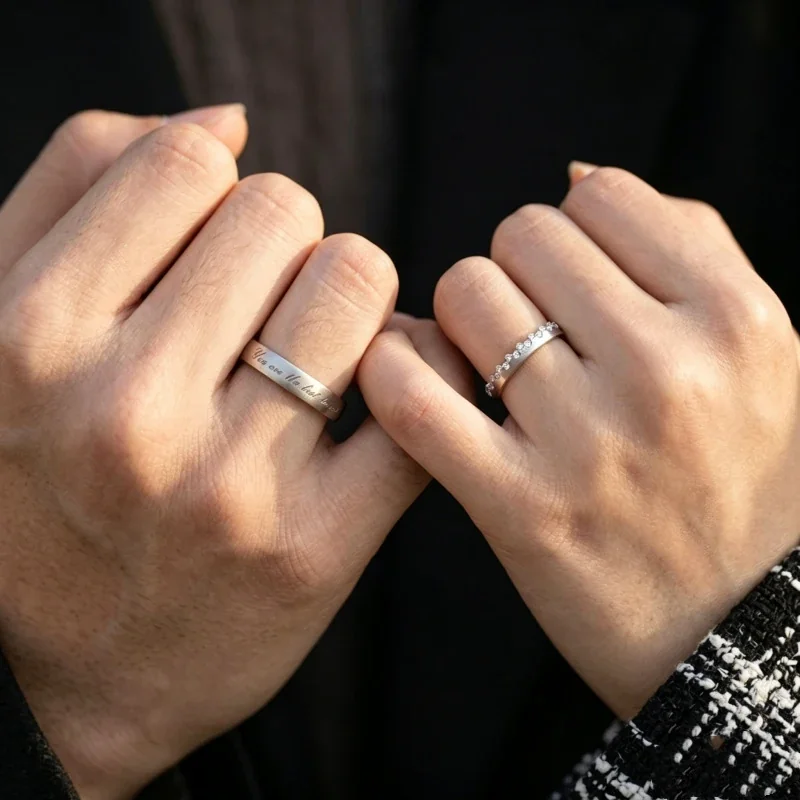 Brushed Script 925 Sterling Silver Crystal Couple Rings