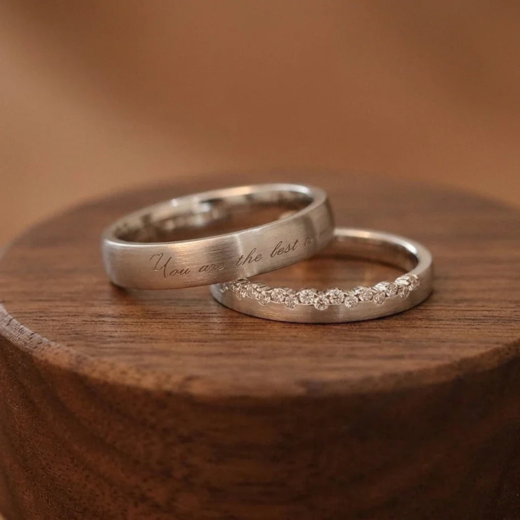 Brushed Script 925 Sterling Silver Crystal Couple Rings