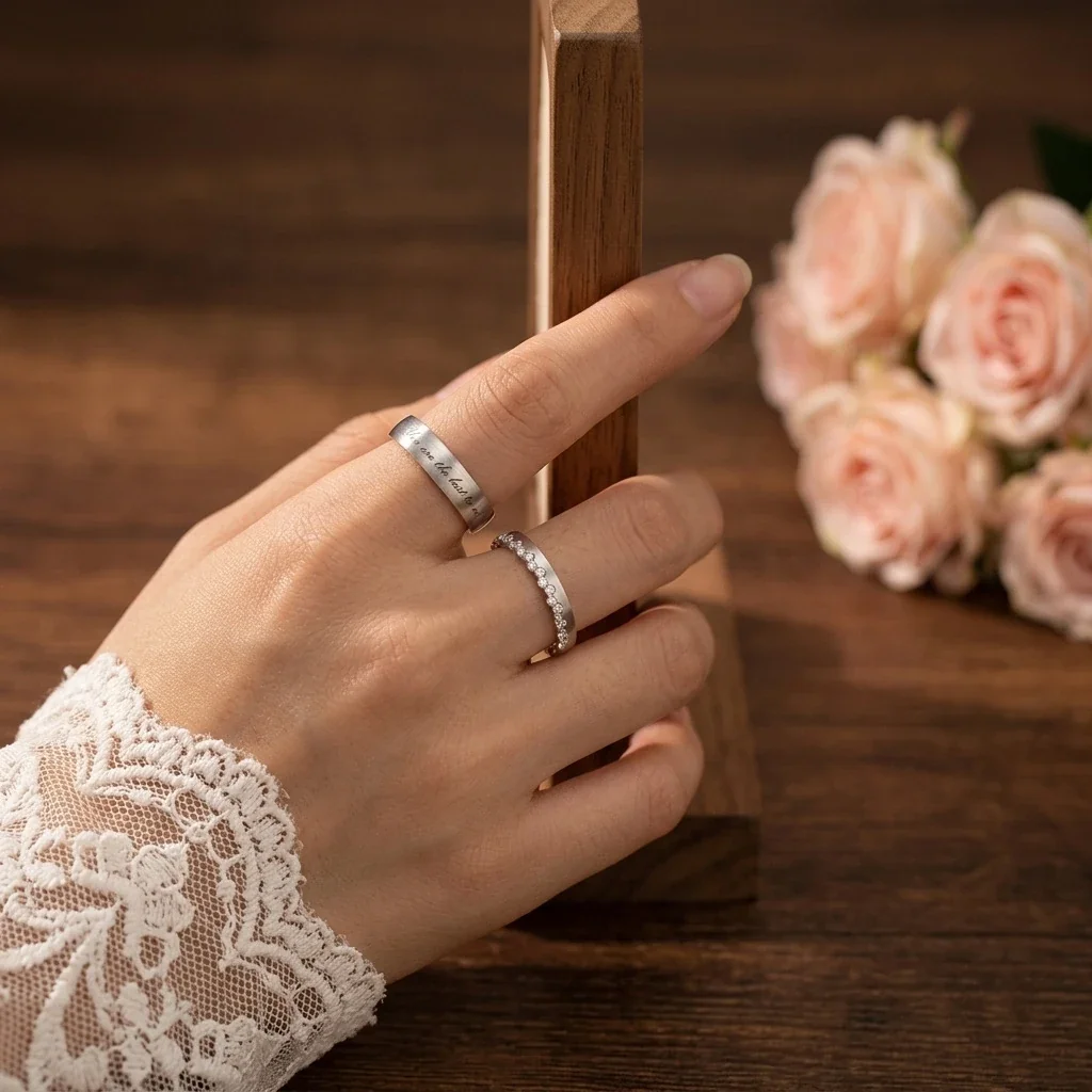 Brushed Script 925 Sterling Silver Crystal Couple Rings