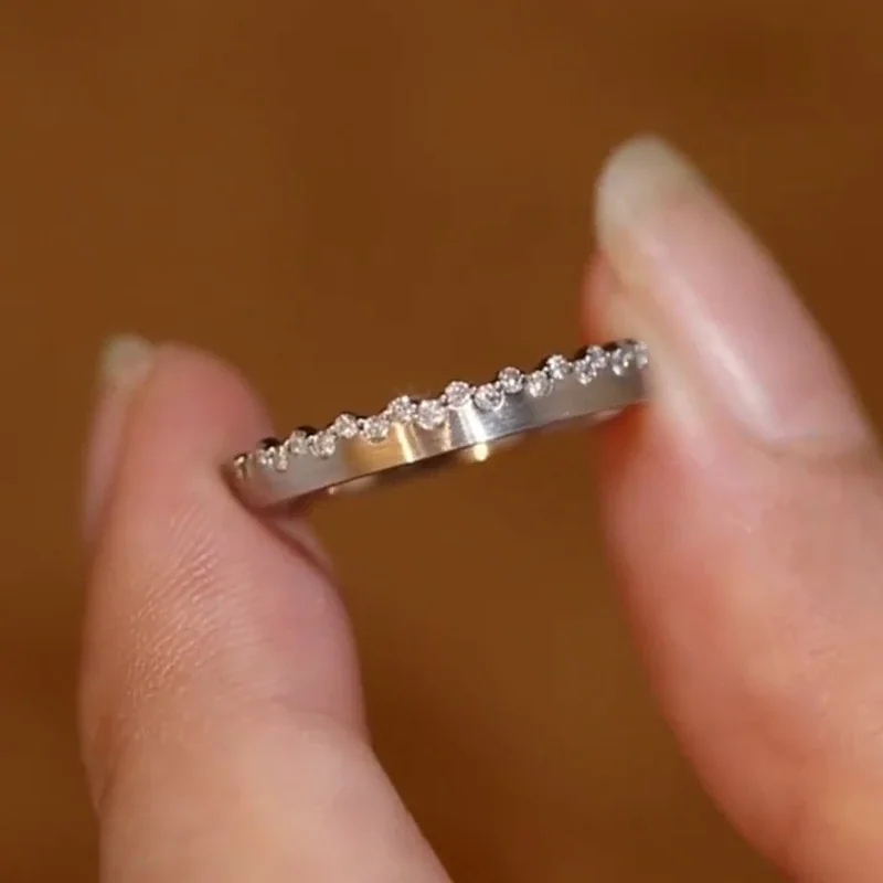Brushed Script 925 Sterling Silver Crystal Couple Rings - Silver Crystal Band