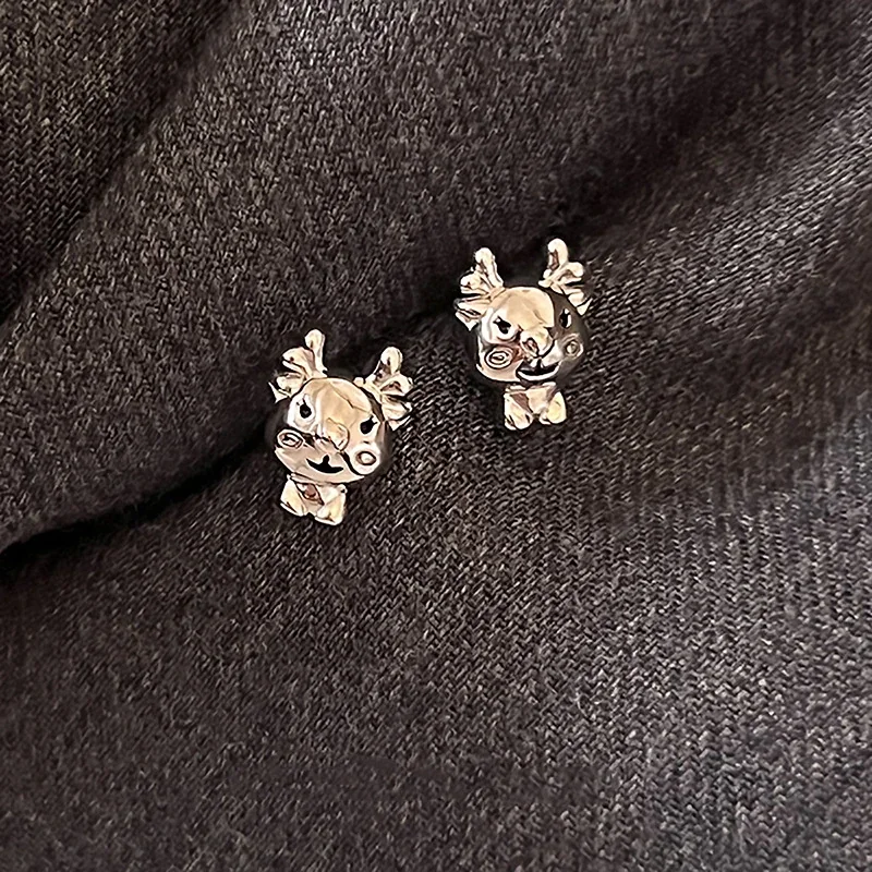 Playful Gold-Plated Deer Face Antler Stud Earrings - Silver