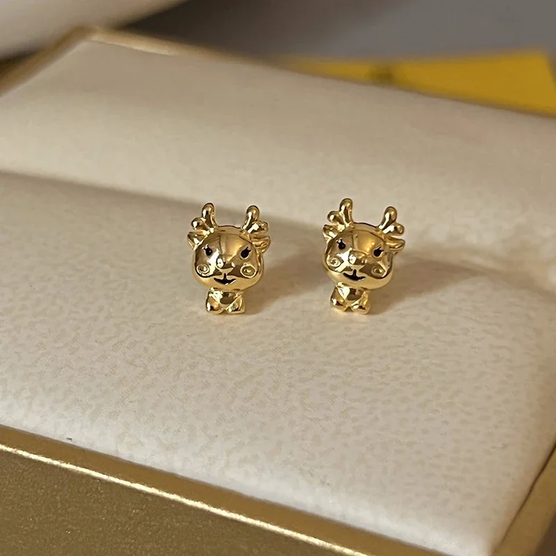 Playful Gold-Plated Deer Face Antler Stud Earrings - Gold