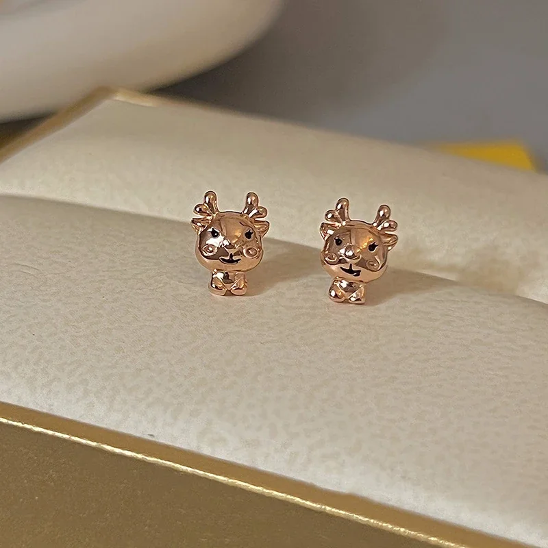 Playful Gold-Plated Deer Face Antler Stud Earrings - Rose Gold
