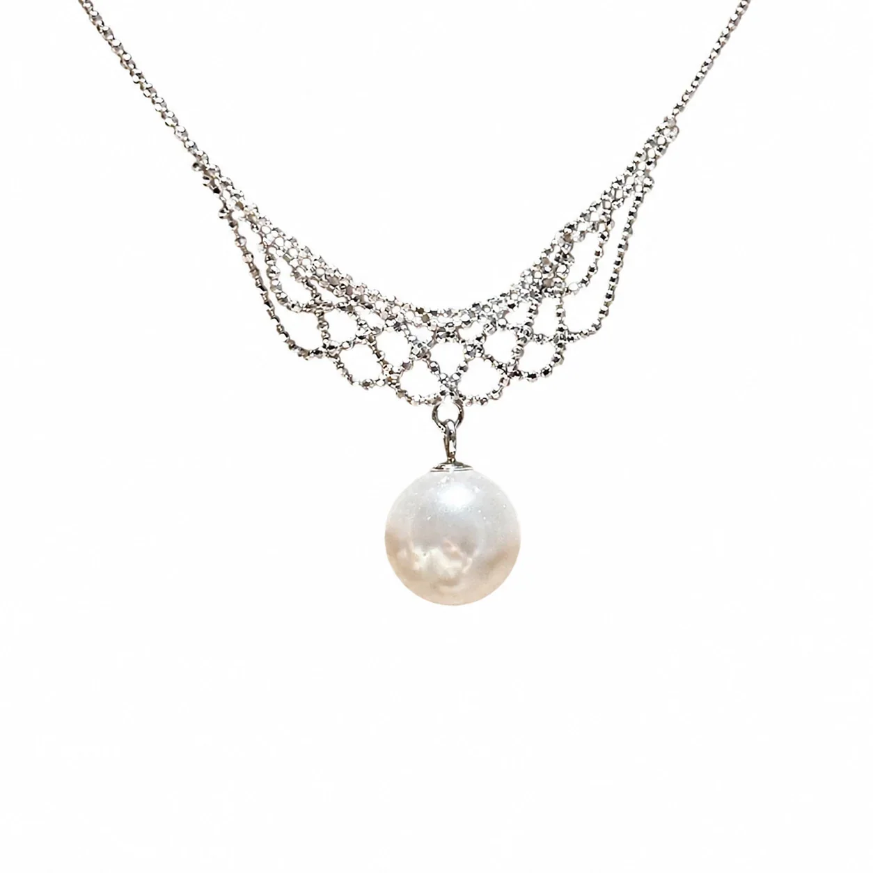 Ornate Silver-Plated Lace Swag Pearl Drop Necklace