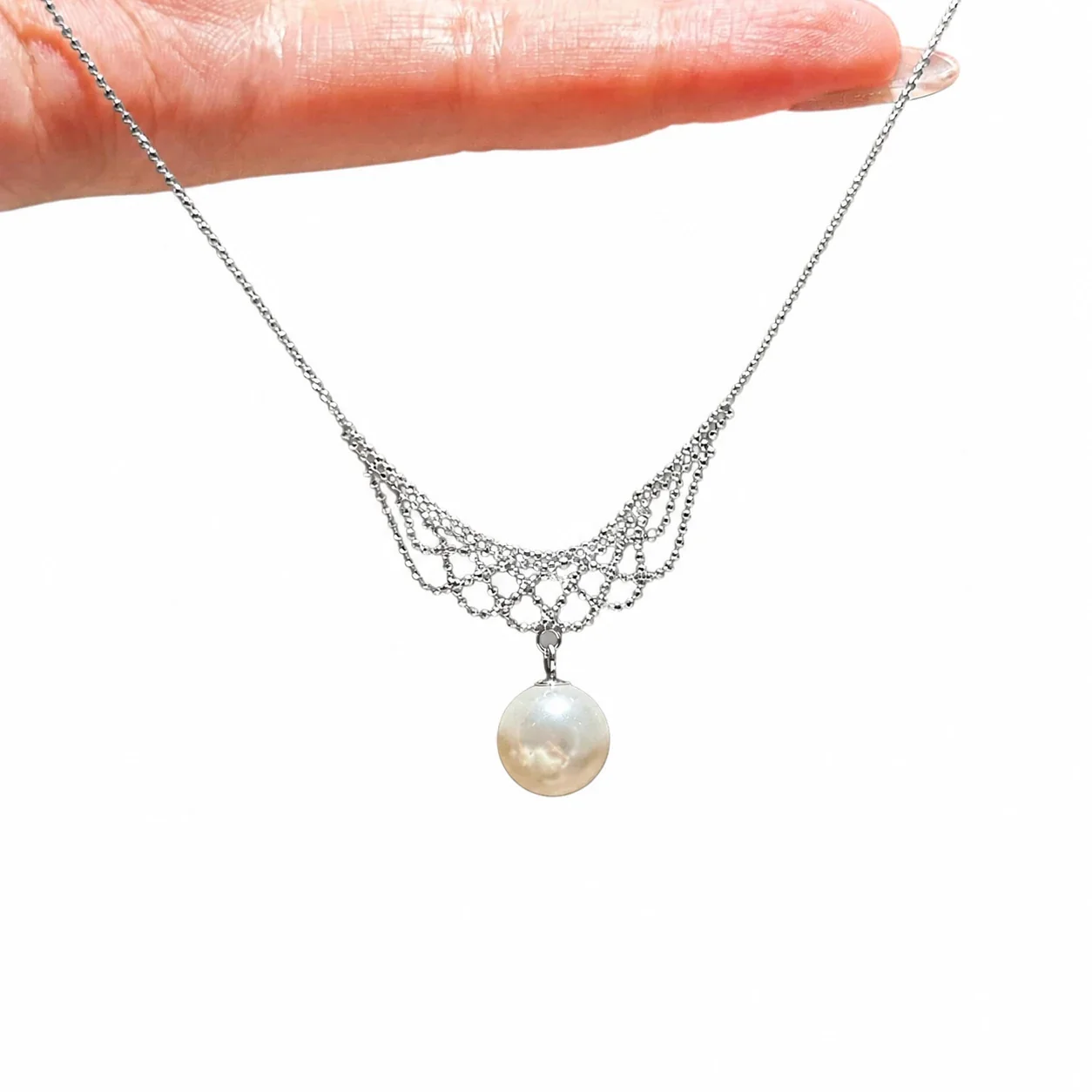 Ornate Silver-Plated Lace Swag Pearl Drop Necklace