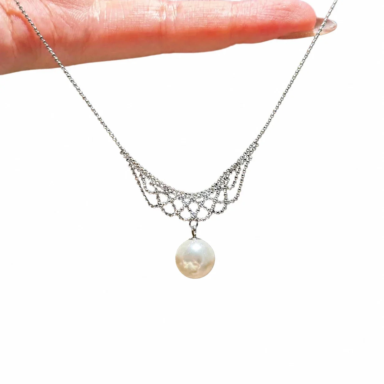 Ornate Silver-Plated Lace Swag Pearl Drop Necklace