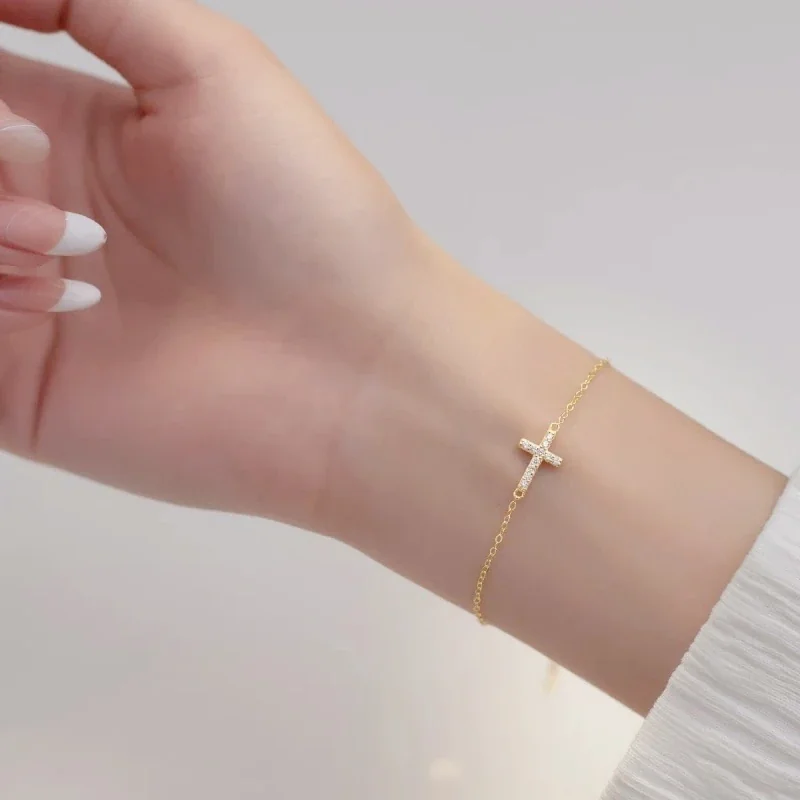 Slim 925 Sterling Silver Pavé Cross Chain Bracelet