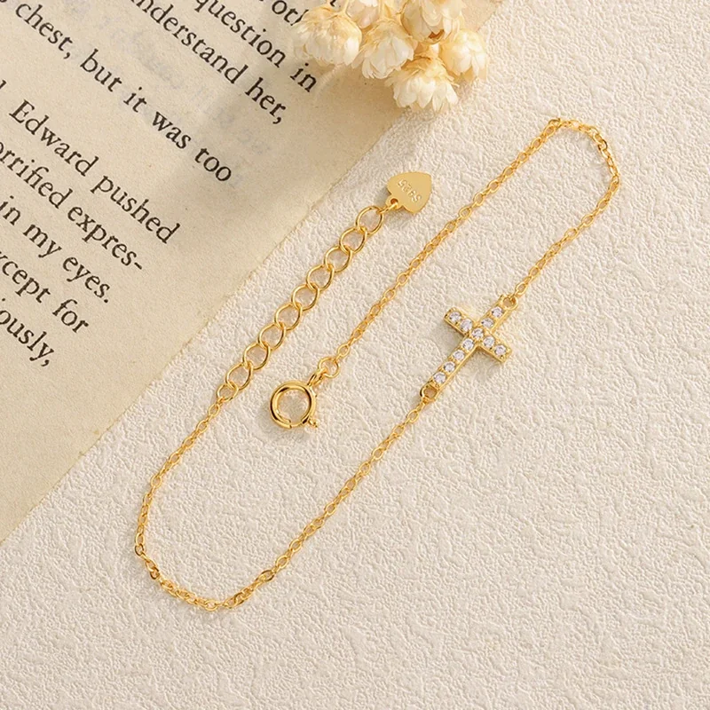 Slim 925 Sterling Silver Pavé Cross Chain Bracelet - Gold