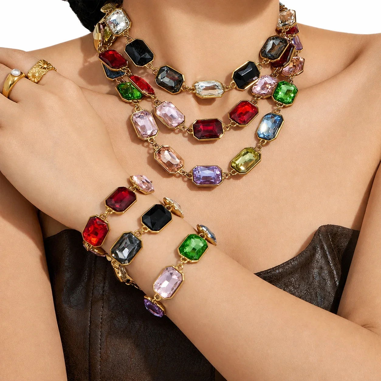 Bold Emerald-Cut Glass 18K Gold-Plated Link Bracelet