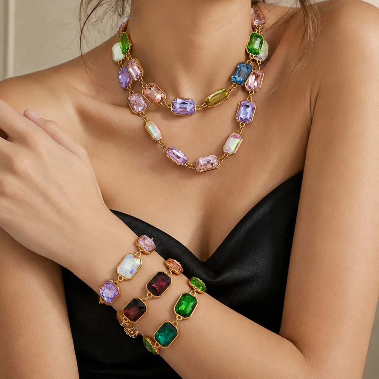 Bold Emerald-Cut Glass 18K Gold-Plated Link Bracelet