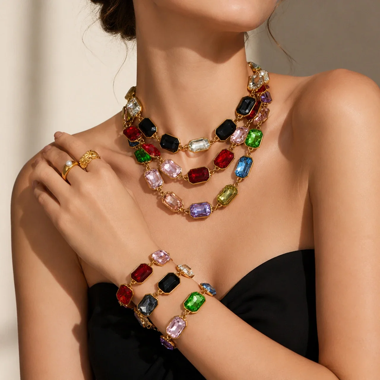 Bold Emerald-Cut Glass 18K Gold-Plated Link Bracelet