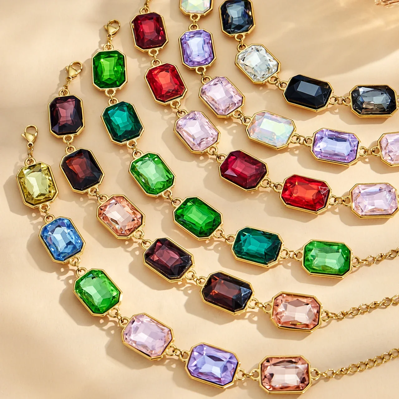 Bold Emerald-Cut Glass 18K Gold-Plated Link Bracelet