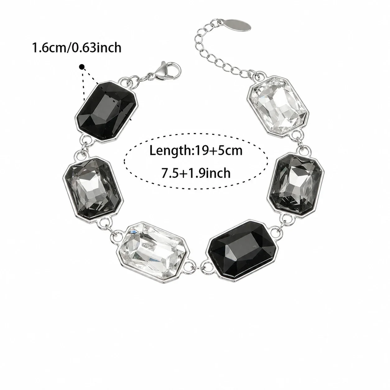 Bold Emerald-Cut Glass 18K Gold-Plated Link Bracelet - Silver Black Glass 19+5 cm