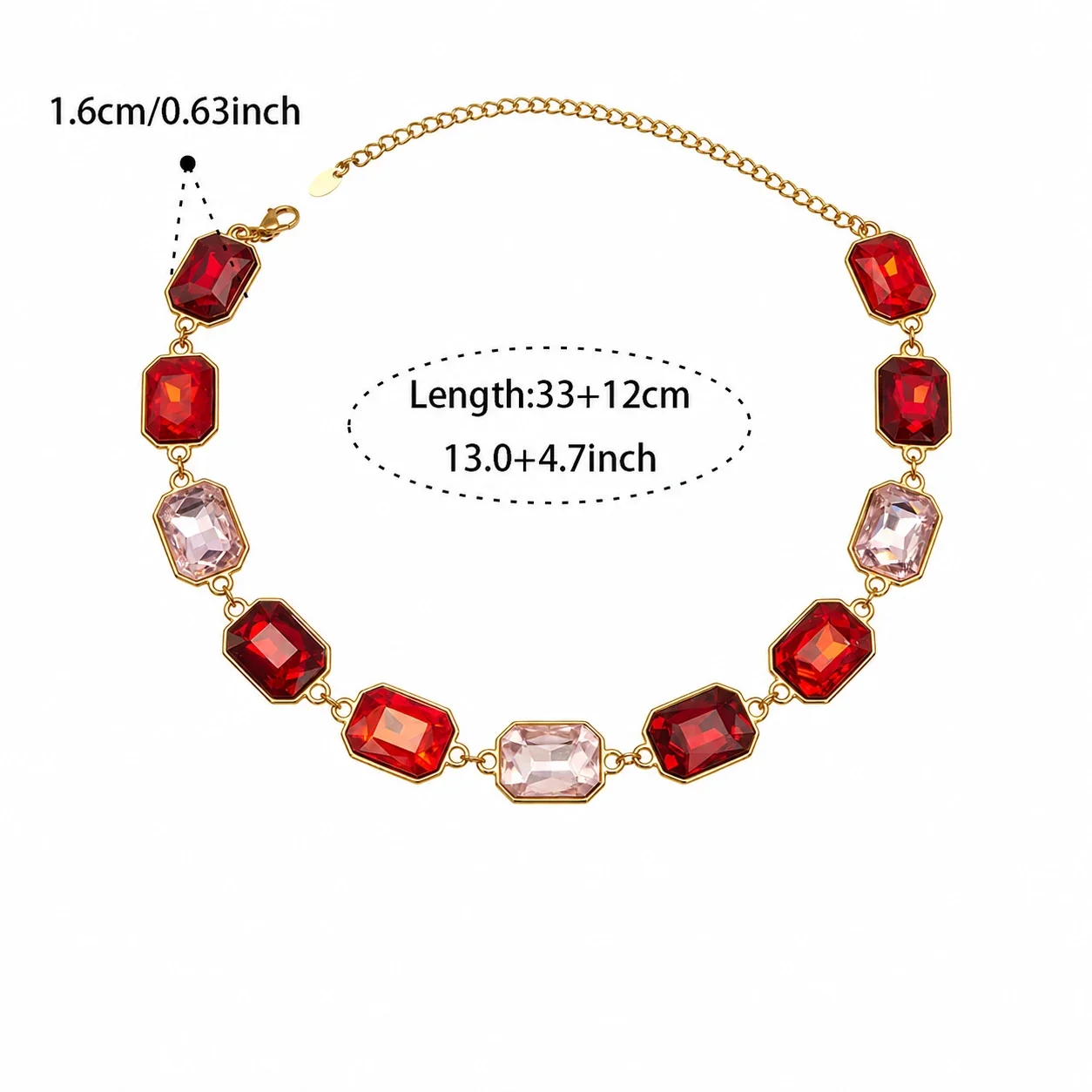Bold Emerald-Cut Glass 18K Gold-Plated Link Bracelet - Gold Red Glass 33+12 cm
