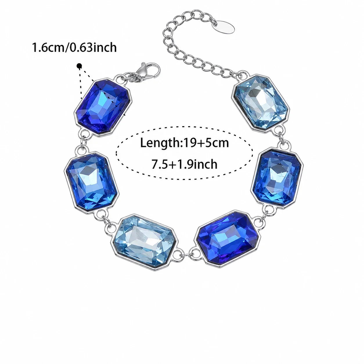 Bold Emerald-Cut Glass 18K Gold-Plated Link Bracelet - Silver Blue Glass 19+5 cm