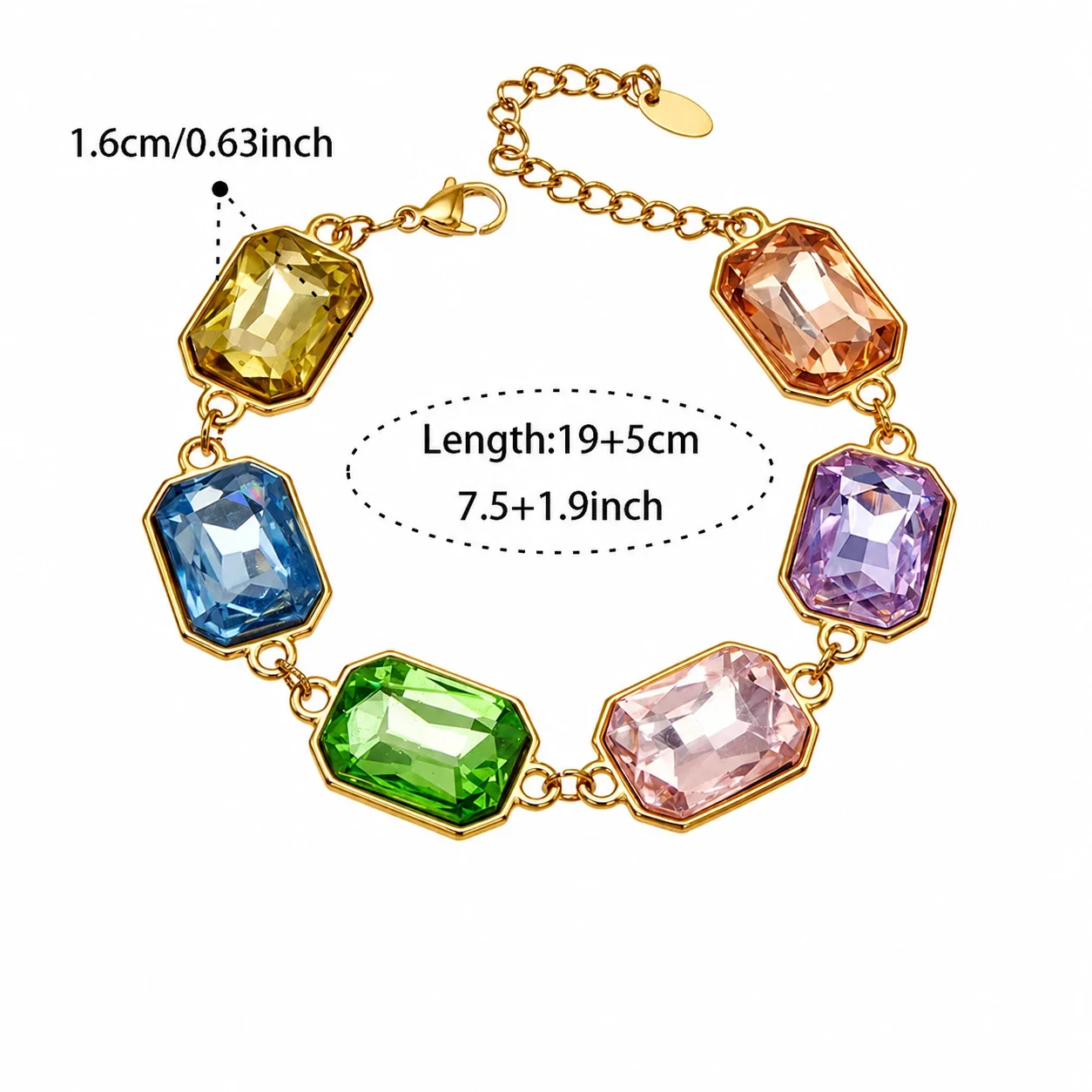 Bold Emerald-Cut Glass 18K Gold-Plated Link Bracelet - Gold Multicolor Glass 19+5 cm