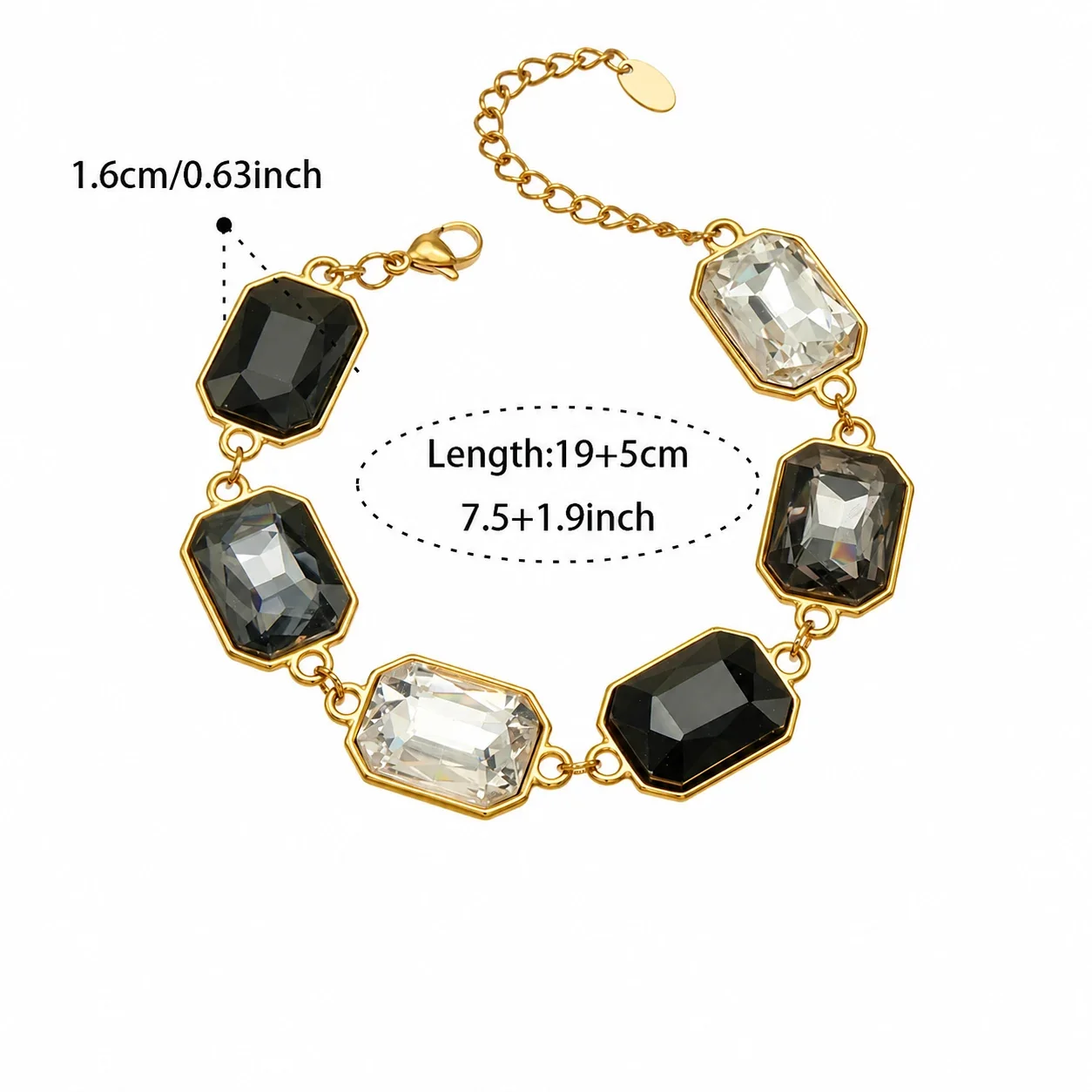 Bold Emerald-Cut Glass 18K Gold-Plated Link Bracelet - Gold Black Glass 19+5 cm