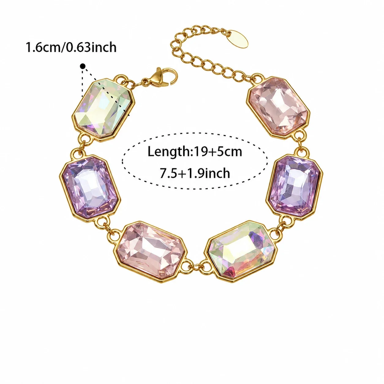 Bold Emerald-Cut Glass 18K Gold-Plated Link Bracelet - Gold Red Glass 19+5 cm