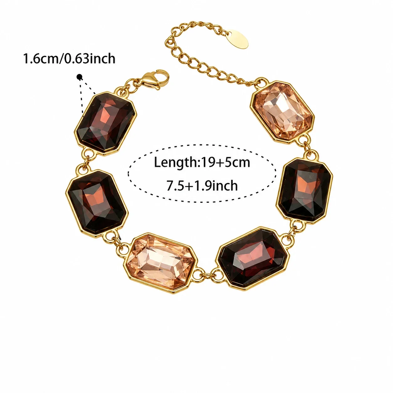 Bold Emerald-Cut Glass 18K Gold-Plated Link Bracelet - Gold Brown Glass 19+5 cm
