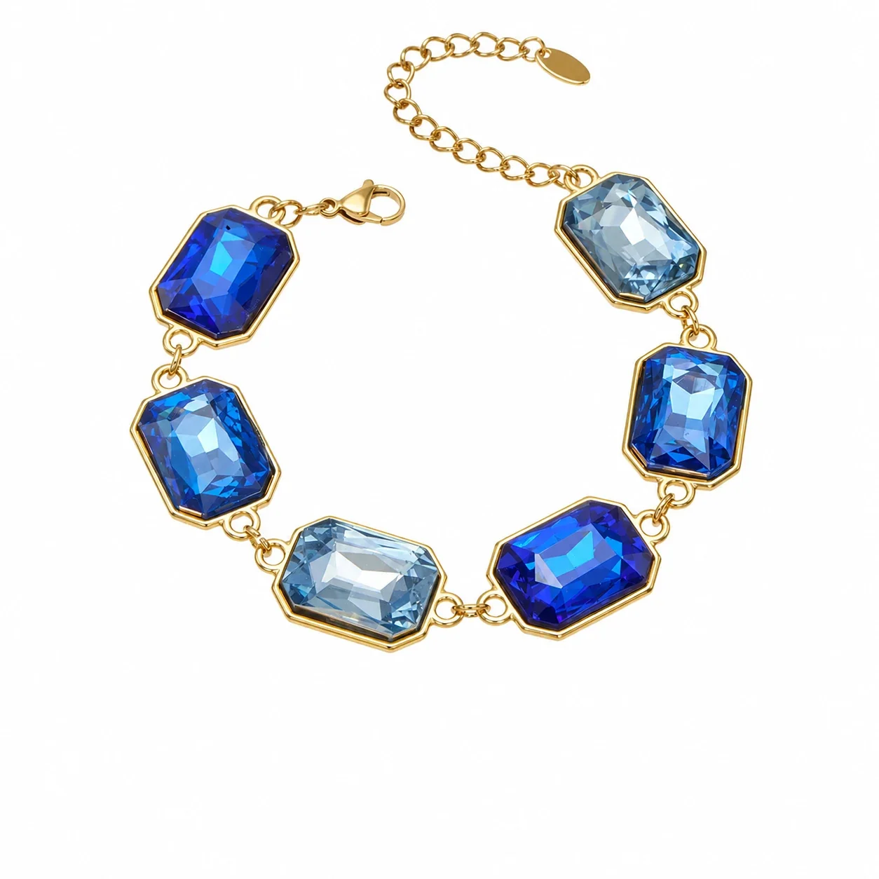 Bold Emerald-Cut Glass 18K Gold-Plated Link Bracelet - Gold Blue Glass 19+5 cm
