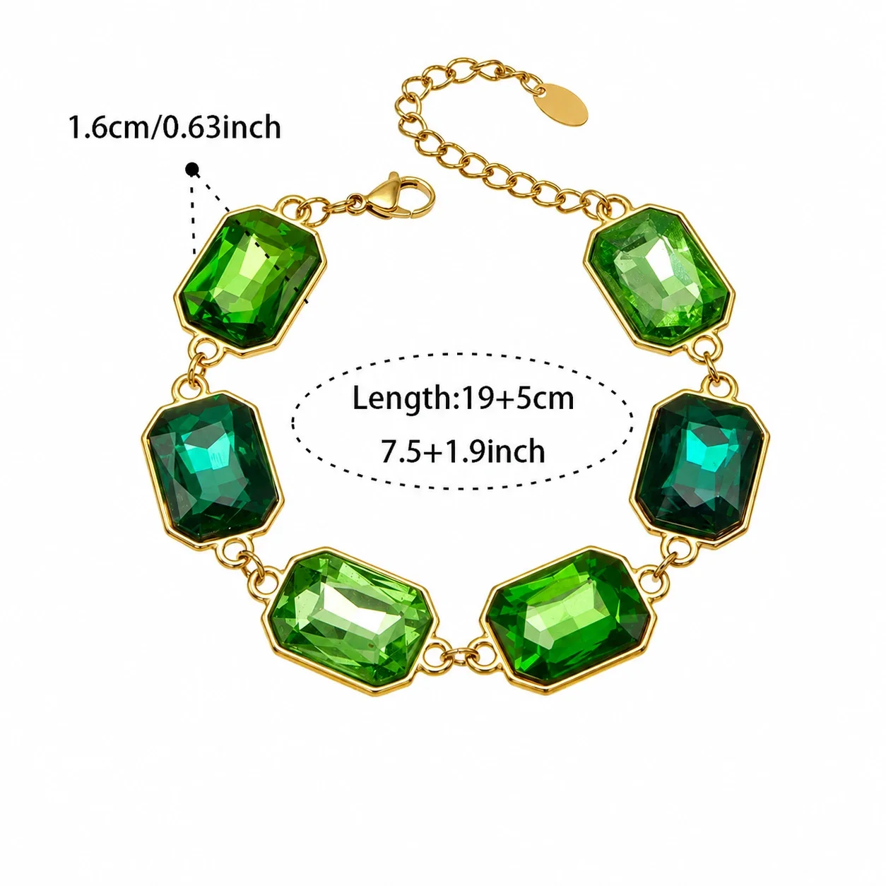 Bold Emerald-Cut Glass 18K Gold-Plated Link Bracelet - Gold Green Glass 19+5 cm